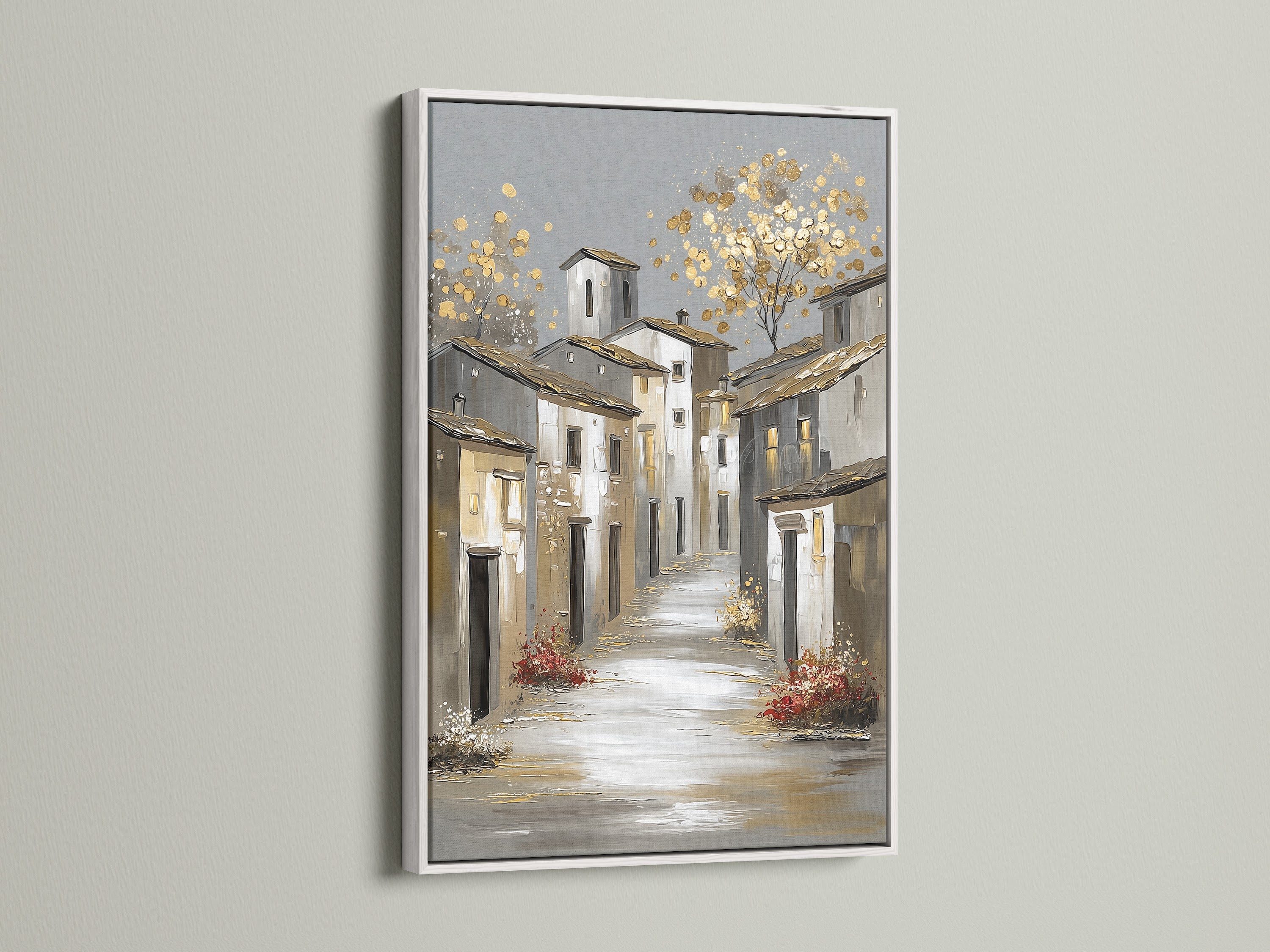 A white frame presents a street scene artwork. The white frame provides a clean modern aesthetic. It allows the artwork to stand out. This frame enhances any interior with its simplicity.