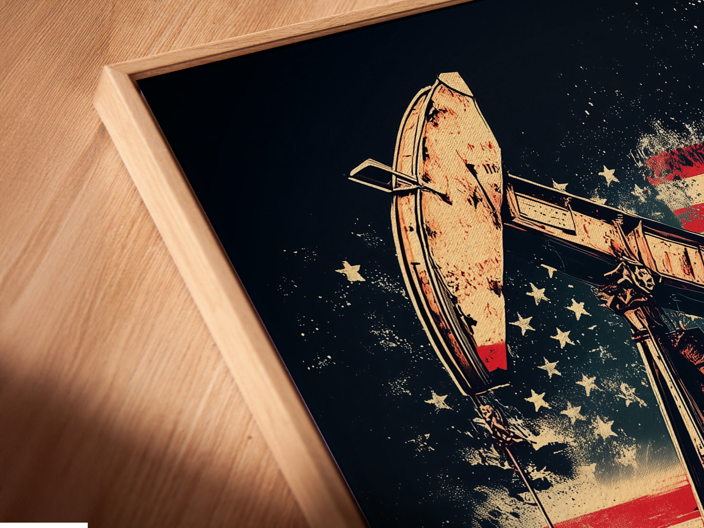 Angled close-up of a canvas print featuring an oil rig and American flag in a floating frame. The industrial artwork combines American symbolism with vintage style. This patriotic print is perfect for adding character to any office or man cave. A unique Americana decor piece.
