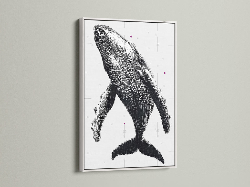 Humpback Whale art print with a white frame. This nautical wall art brings coastal charm. Ideal for homeowners and renters. This marine canvas art enhances studios and coastal cafes. Its primary color is black and secondary color is white