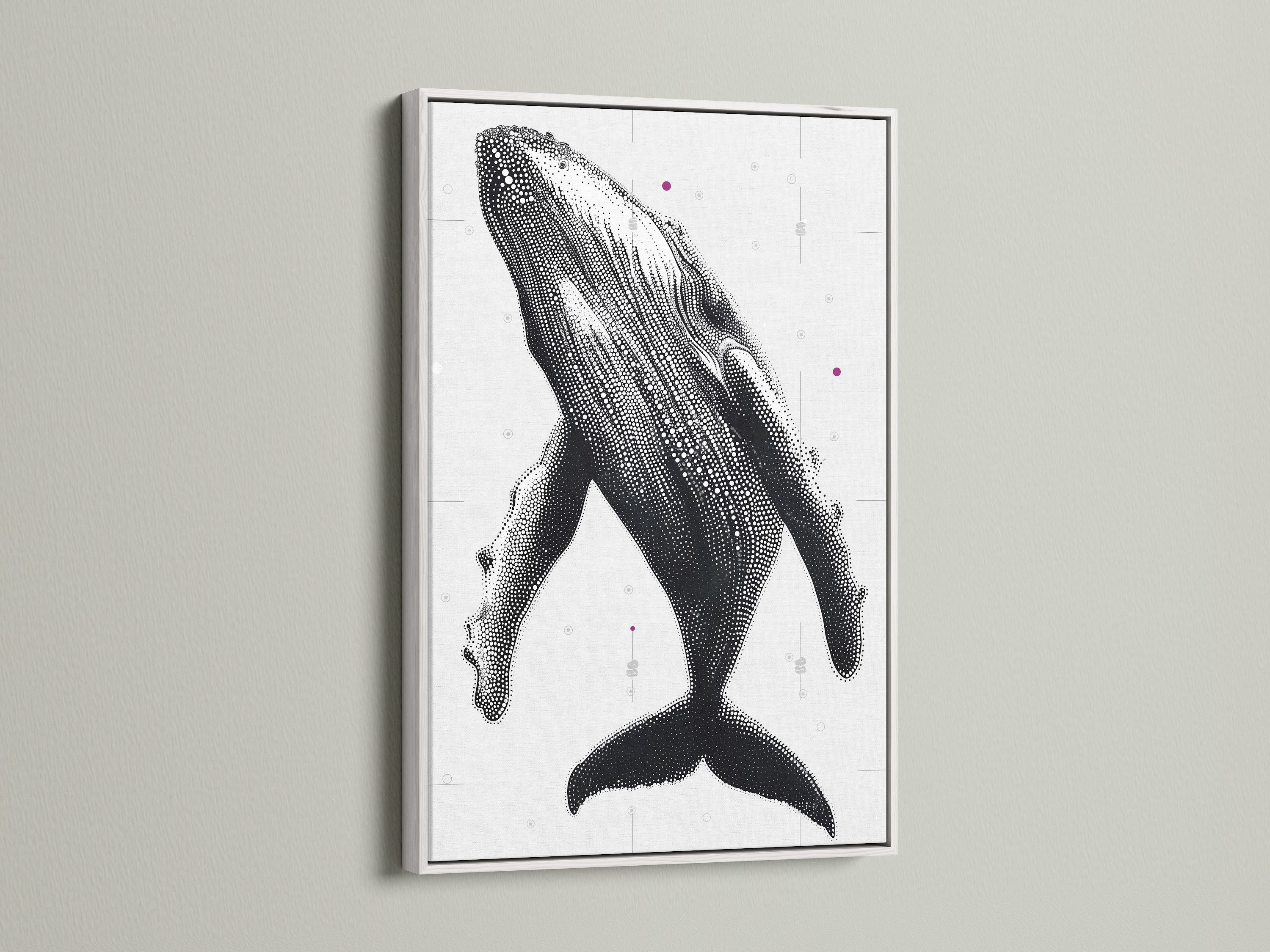 Humpback Whale art print with a white frame. This nautical wall art brings coastal charm. Ideal for homeowners and renters. This marine canvas art enhances studios and coastal cafes. Its primary color is black and secondary color is white