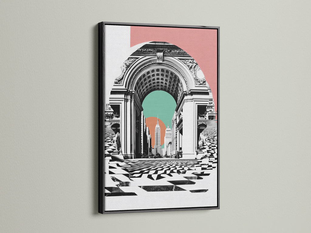 The New York Arch canvas print is framed in black. This cityscape print offers a bold contrast to any wall. Black frames create a sophisticated statement. This art is Ideal for contemporary and modern spaces alike. Shop now