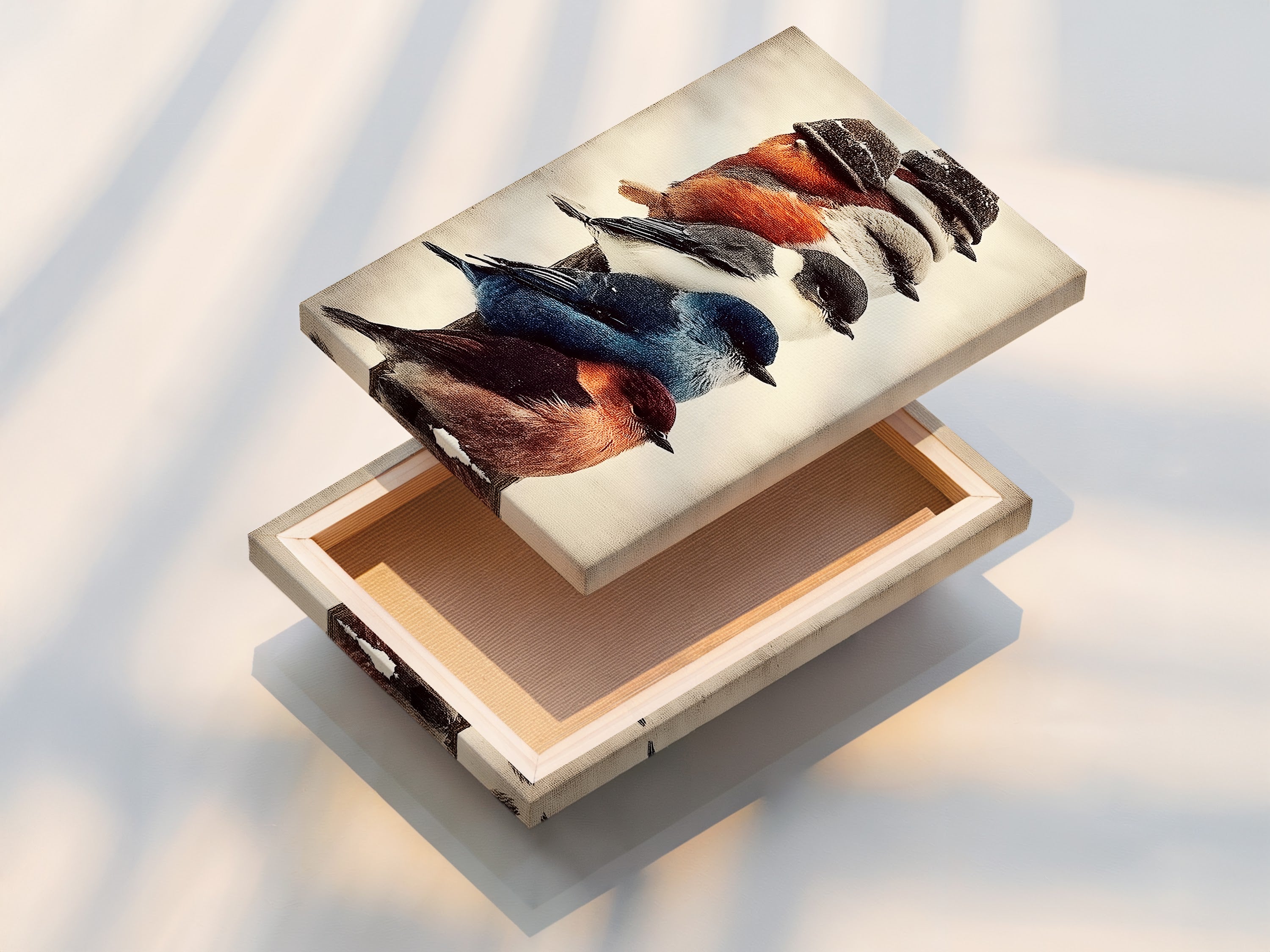 A stretched canvas print displays colorful birds artwork. This rustic wall art is ready to hang and enjoy. The vintage bird print is perfect for adding a touch of nature to your home. A beautiful piece of avian artwork.