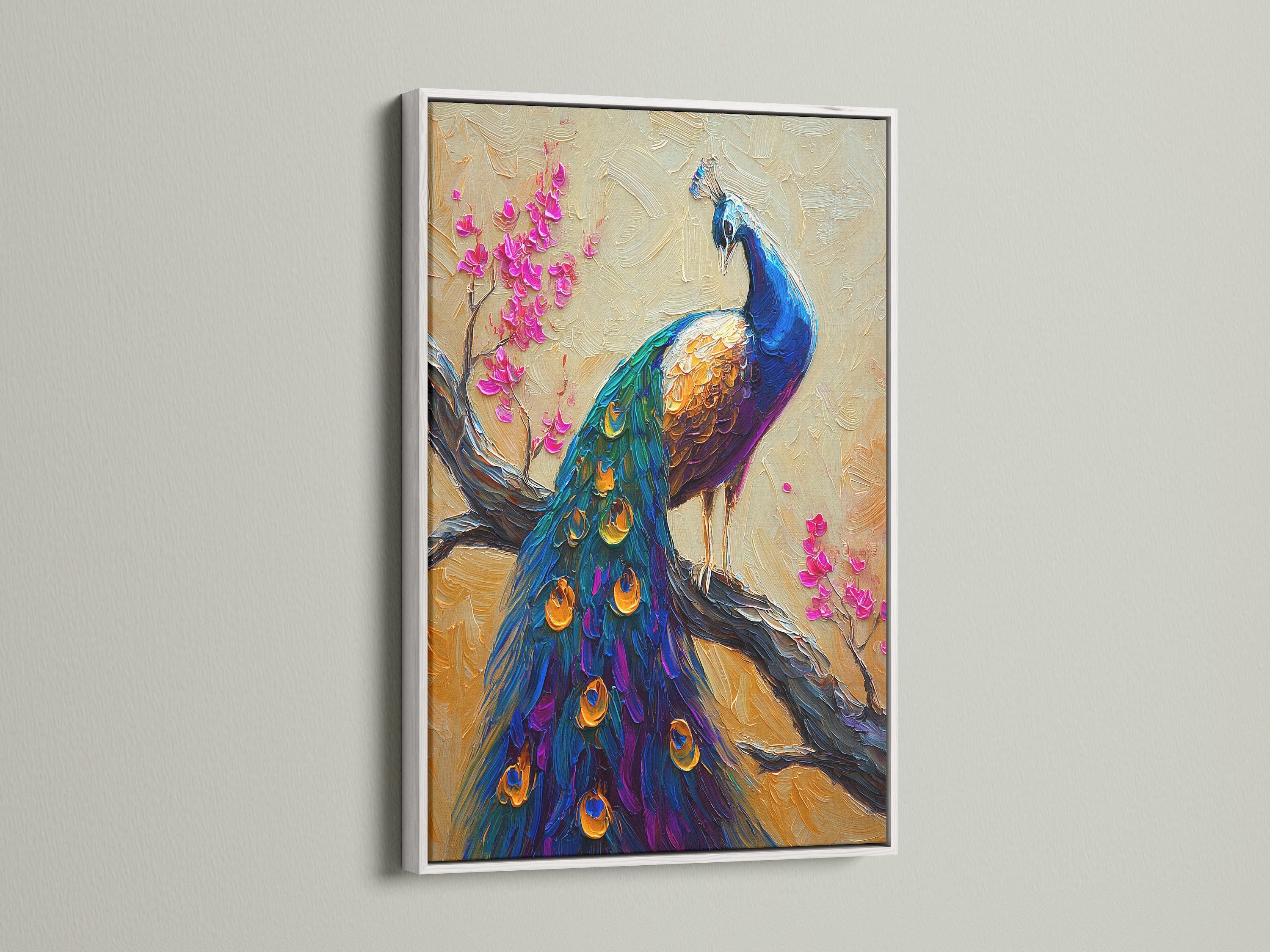 Vibrant Peacock Oil Painting - Colorful Bird Art, Floral Branch Canvas Wall Decor, Nature Inspired Home Art, Living Room Artwork