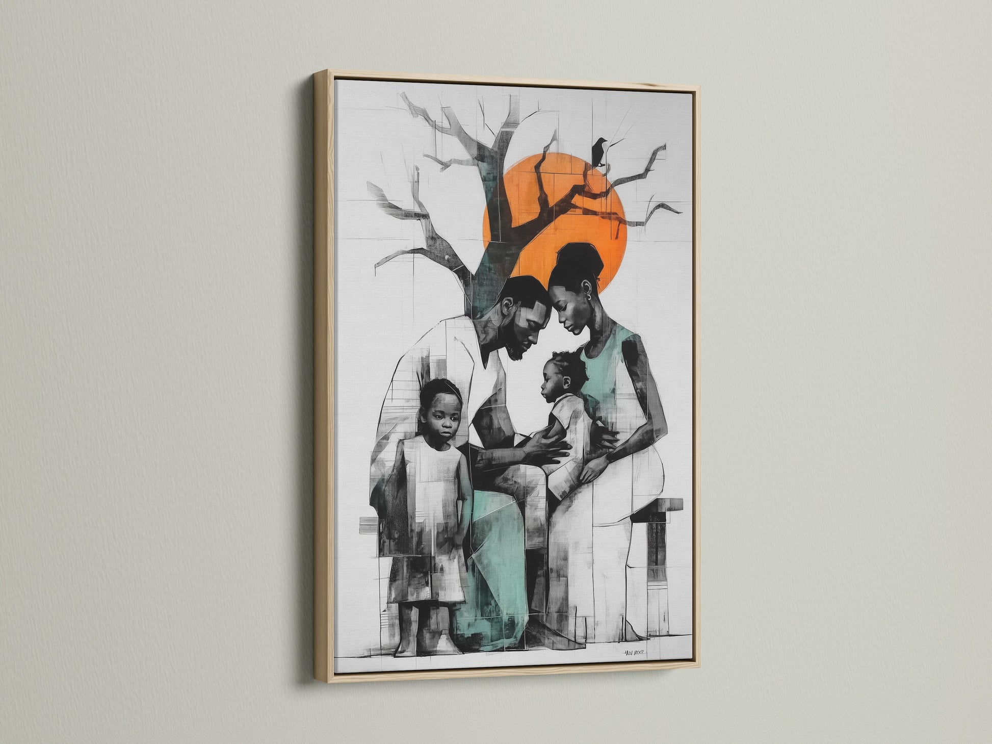 Modern African American family art displayed in an oak frame. The teal and orange tones add a modern touch to this abstract artwork. This family canvas print is perfect for any home decor. It elevates living rooms bedrooms and hallways.