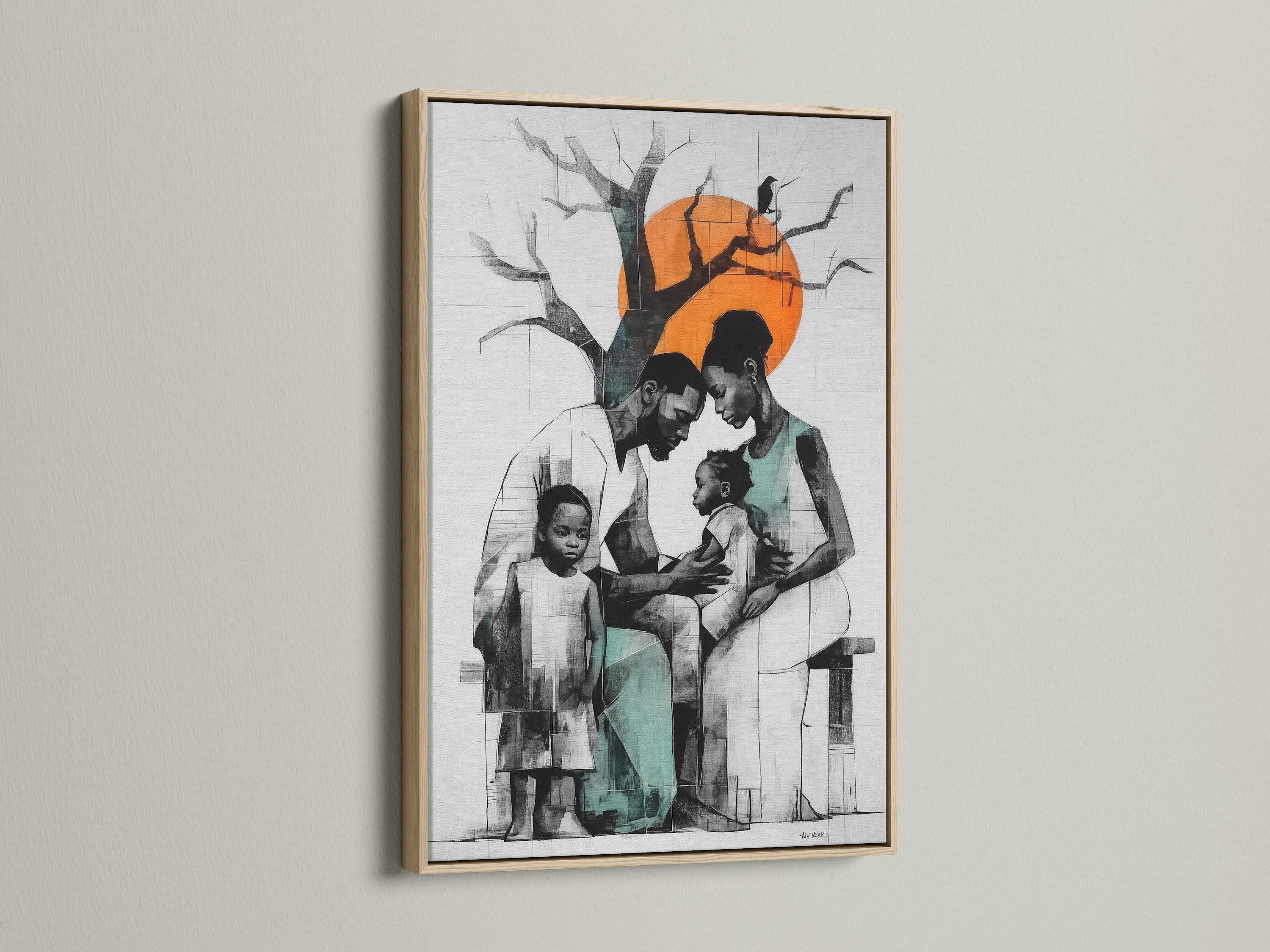 Modern African American family art displayed in an oak frame. The teal and orange tones add a modern touch to this abstract artwork. This family canvas print is perfect for any home decor. It elevates living rooms bedrooms and hallways.