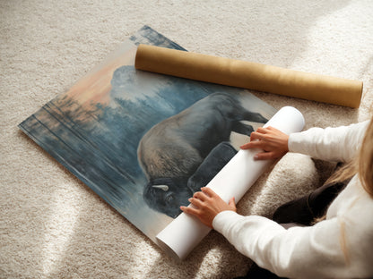 A woman is carefully rolling a fine art poster paper. The artwork features a bison and calf. High quality materials ensure lasting beauty. Ideal for rustic decor and wildlife art lovers.