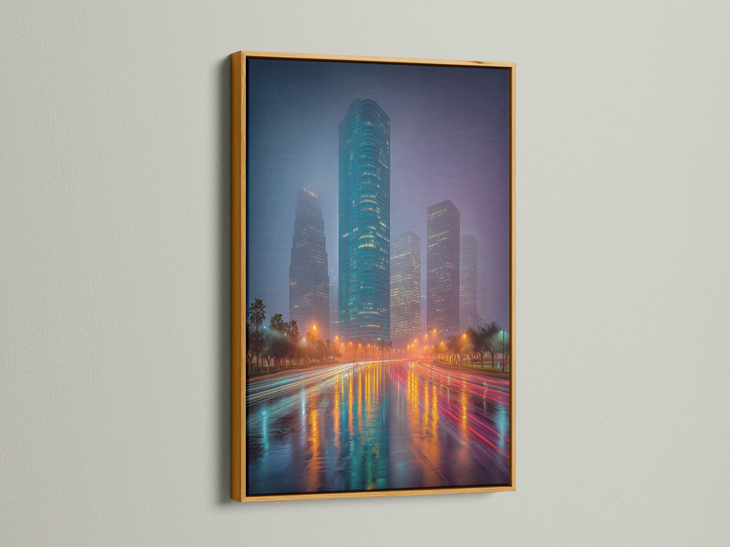 Elevate your decor with cityscape art in a gold frame. This urban canvas art exudes luxury and style. The skyline print shines with teal and orange reflections. The gold frame enhances the artwork's vibrant colors and modern appeal