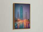 Witness a cityscape canvas art print framed in a gold frame. This skyline canvas shines with elegance. The teal and orange tones create a vibrant atmosphere. It’s great for receptions and boardrooms. The city lights art is captivating.