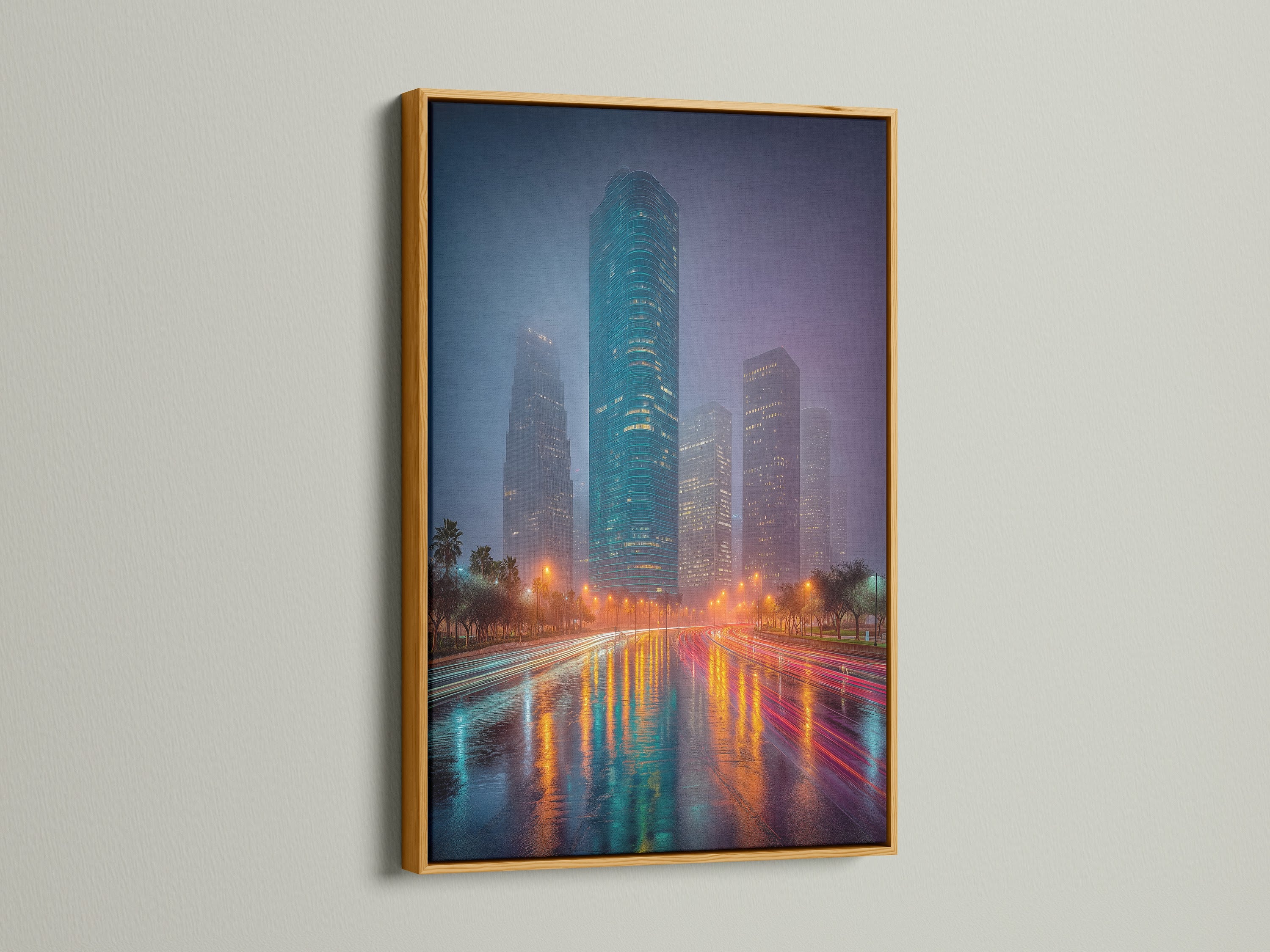 Witness a cityscape canvas art print framed in a gold frame. This skyline canvas shines with elegance. The teal and orange tones create a vibrant atmosphere. It’s great for receptions and boardrooms. The city lights art is captivating.