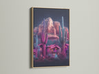 Neon cactus artwork featuring a desert landscape inside an oak frame. The artwork showcases a southwestern scene with vibrant pink and teal hues. This cactus print brings desert vibes to your space. Perfect for southwestern decor and modern homes.
