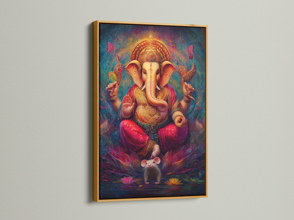 Ganesha Canvas Print in a gold frame. This Hindu God canvas provides spiritual wall decor. It's bohemian art that enhances a meditation room. This sacred artwork features an elephant god print. The colorful spiritual art enriches any space.