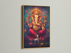 Ganesha Canvas Print in a gold frame. This Hindu God canvas provides spiritual wall decor. It's bohemian art that enhances a meditation room. This sacred artwork features an elephant god print. The colorful spiritual art enriches any space.