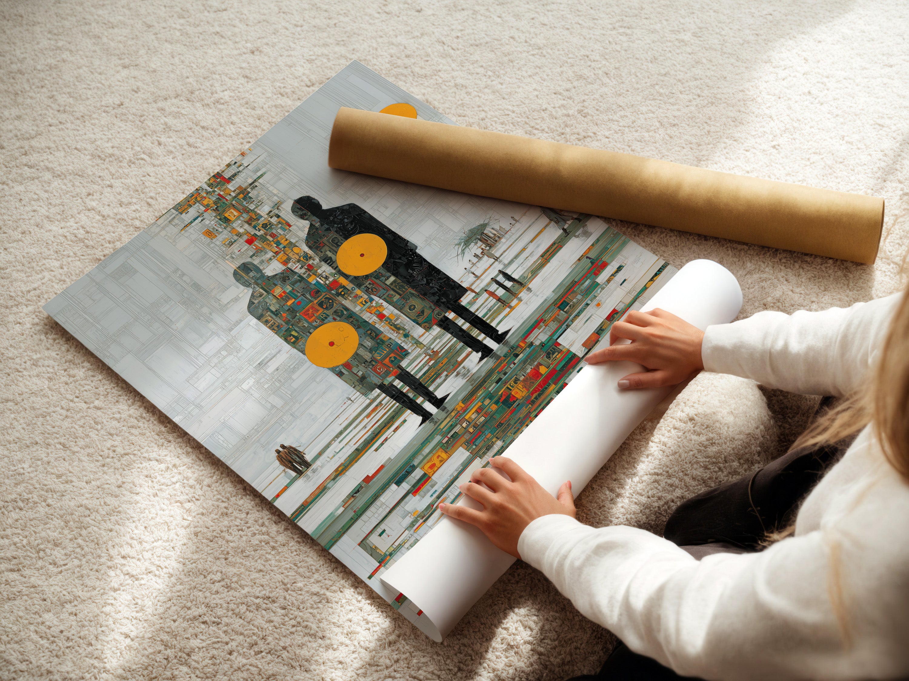 A woman is carefully rolling fine art poster paper. Preparing abstract human figures artwork for display. The poster paper ensures a high-quality print. Ideal for modern wall art enthusiasts. Get ready to elevate your office decor with this contemporary canvas.