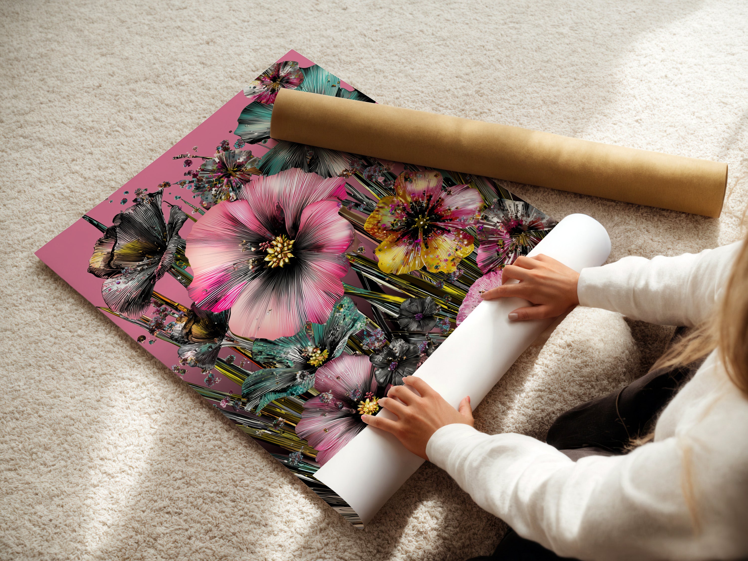 A woman is rolling a fine art poster paper. The paper features tropical floral artwork with pink hibiscus flowers. Ideal for adding a vibrant touch to bedroom decor. Perfect for those seeking elevated modern wall art.