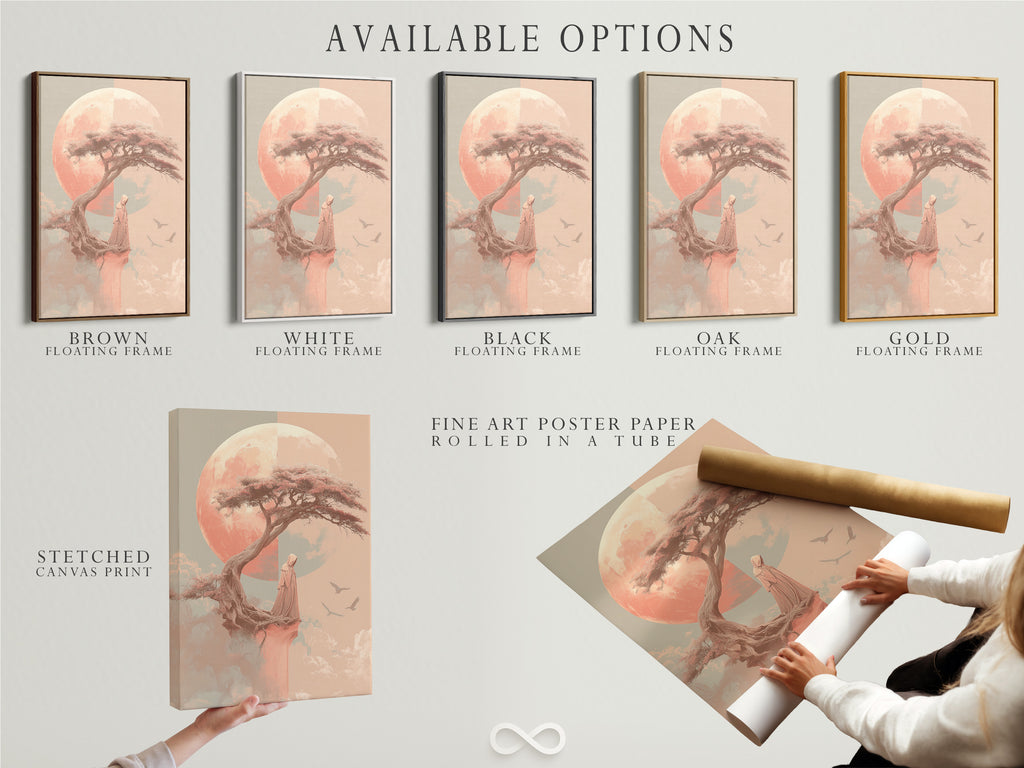 Available options for the Zen Tree art print. Choose from stretched canvas prints fine art poster paper or floating frames. Coral pink meditation artwork to enhance your space with peaceful decor.