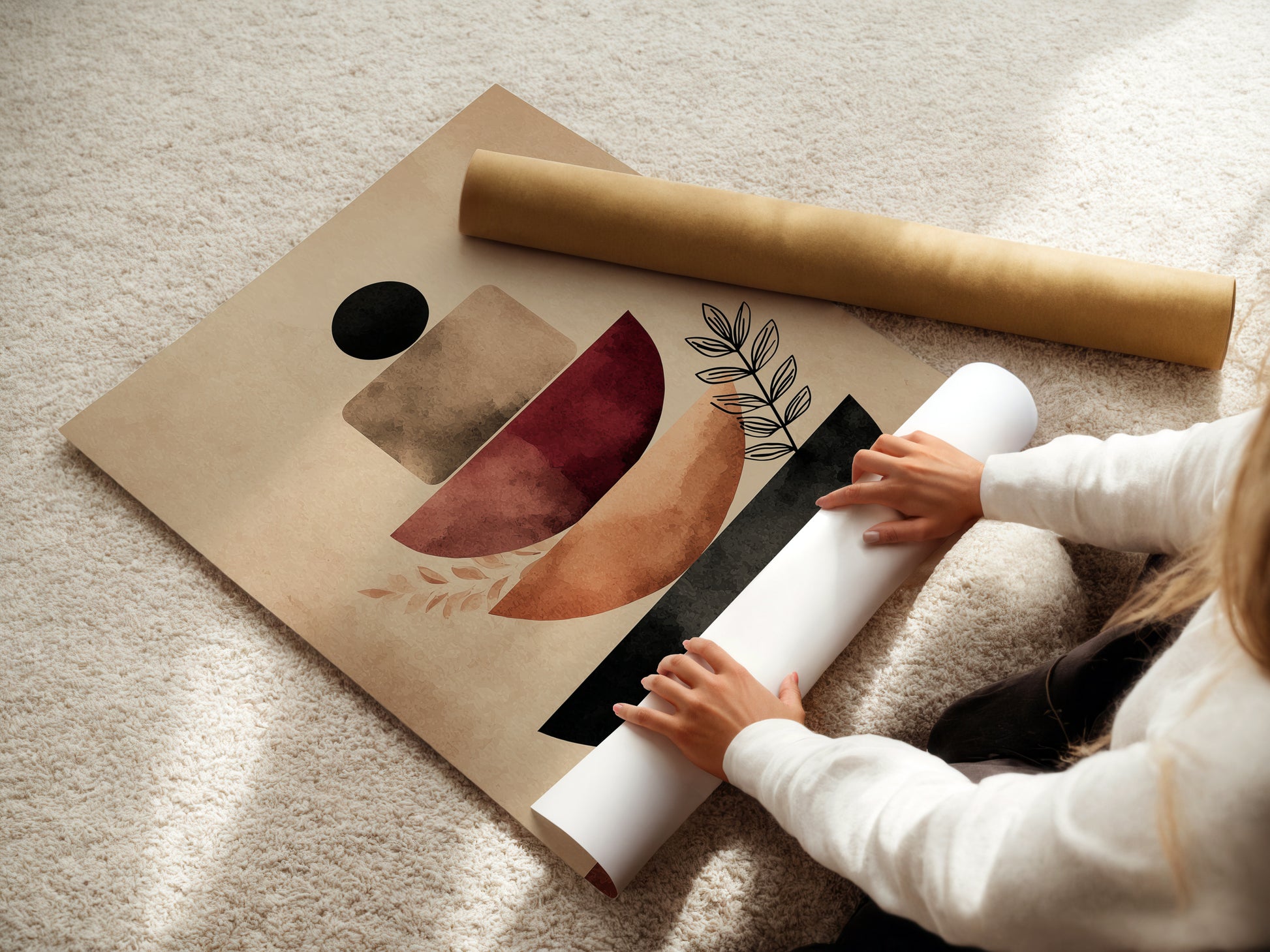 A woman carefully rolls a fine art poster paper. This ensures the abstract shapes artwork arrives in perfect condition. Earth tone minimalist wall art is ready for framing. Geometric artwork will enhance any space.