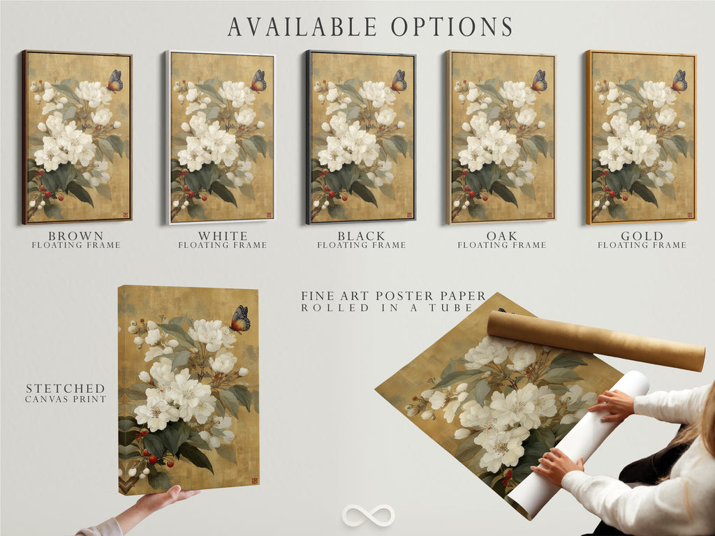 Available options for vintage botanical artwork. Choose from stretched canvas prints fine art poster paper or a floating frame. Personalize your white flowers and butterfly art. Select the perfect medium to match your style. Elevate your home decor with our versatile art options.