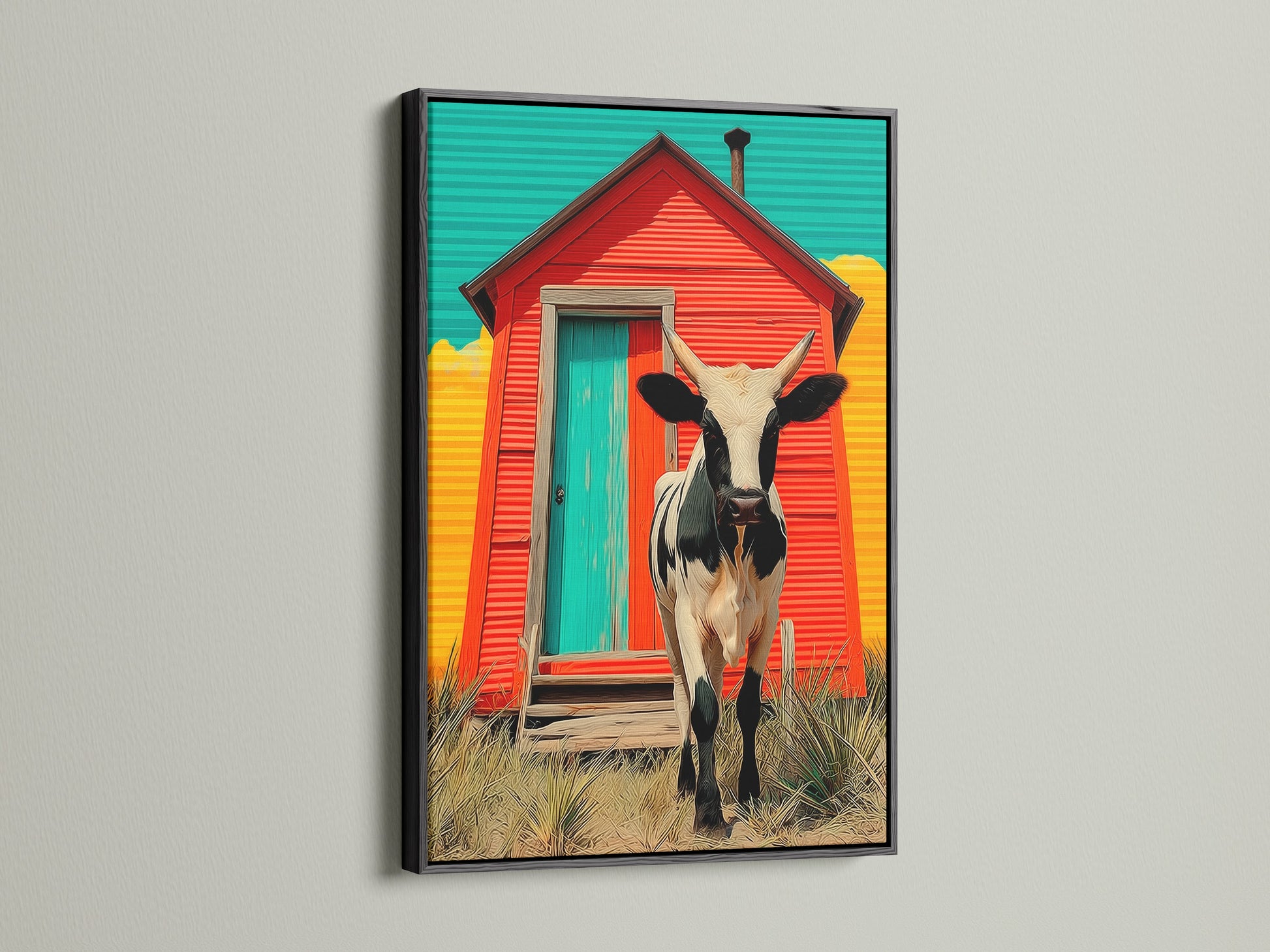 Cow art in a sleek black frame. This modern farmhouse wall art makes a statement. The black frame accentuates the rustic barn animal artwork. Ideal for contemporary spaces. Add a touch of country charm to your decor. This artwork will look amazing.