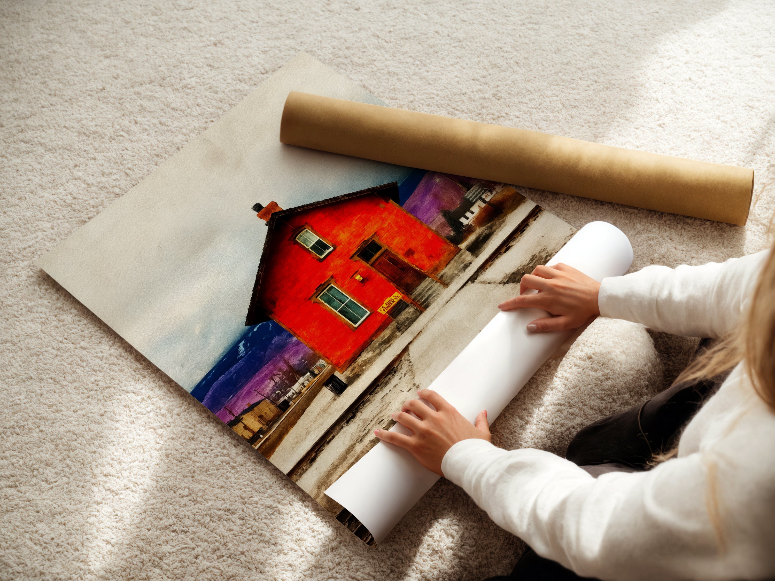 A woman is carefully rolling a fine art poster paper. This highlights the quality and care in handling the artwork. The poster features vintage Americana wall decor. It ensures the artwork arrives in perfect condition. Perfect for adding a rustic farmhouse touch to any space. This fine art print is ideal for train station art enthusiasts and art collectors alike.