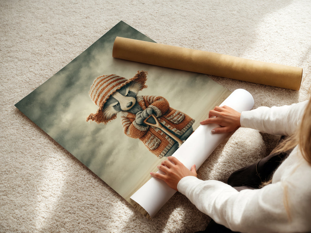 A woman is carefully rolling a fine art poster paper print. This method ensures the artwork remains in pristine condition. The whimsical raccoon art will be protected. Get ready to display this charming piece in your home. Perfect for kids room wall art.
