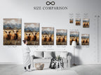 Size comparison chart for highland cow artwork in an interior setting. Visualize the perfect dimensions for your canvas print poster or framed art. Find the ideal fit for your wall.