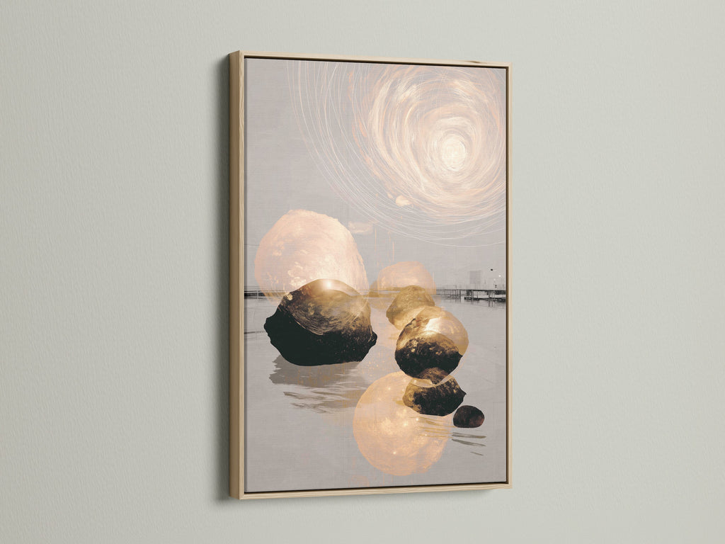 Abstract Zen artwork in an oak frame. This modern minimalist wall art brings a sense of calm. It's perfect for meditation decor or spa wall art. The balanced stone art complements neutral tone interiors. This artwork is a peaceful mindful addition.