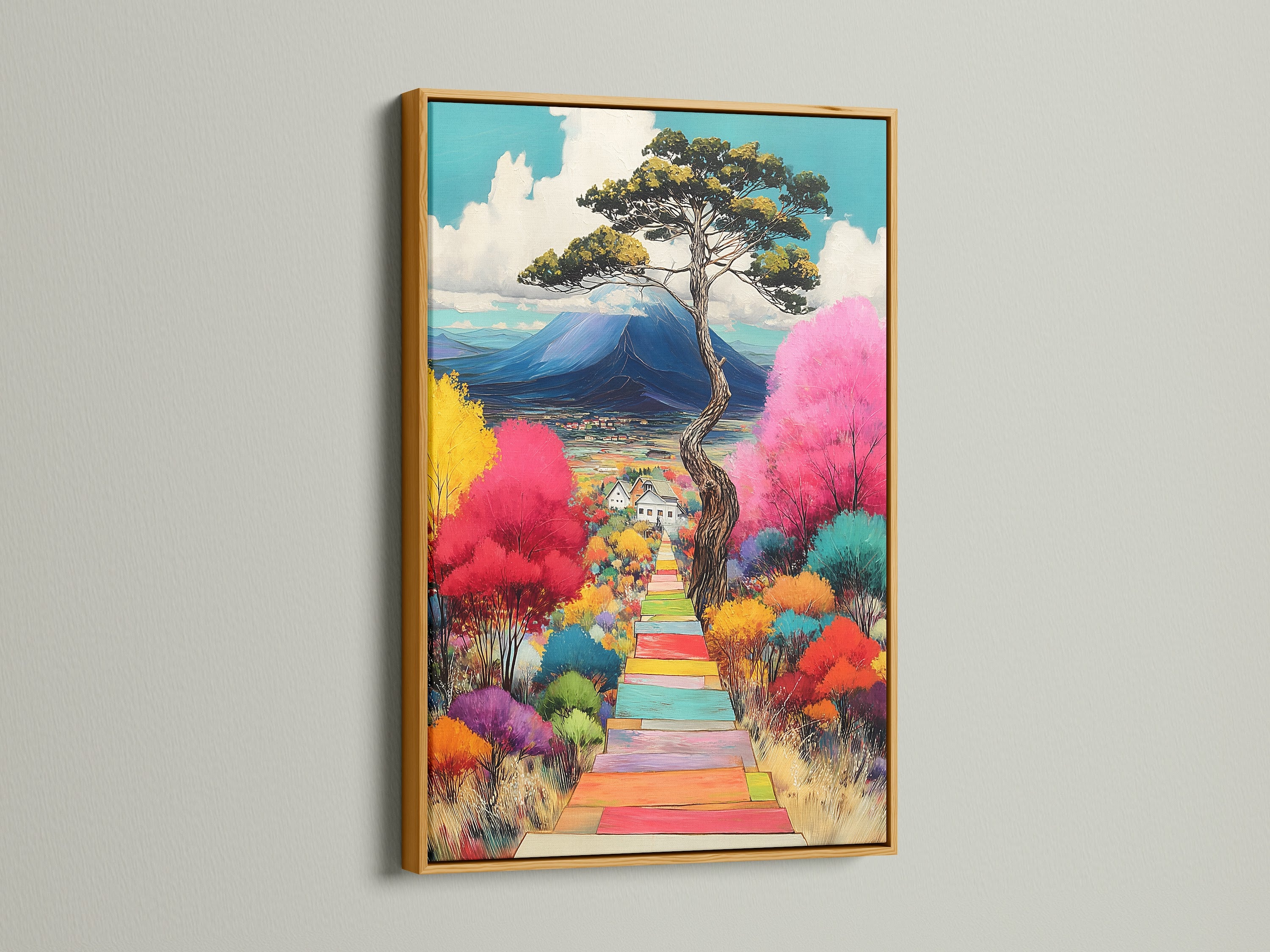 This colorful landscape artwork is accentuated by a gold frame. The whimsical nature print features vibrant trees and a mountain view. It adds a touch of elegance to any space. Perfect for any modern home.