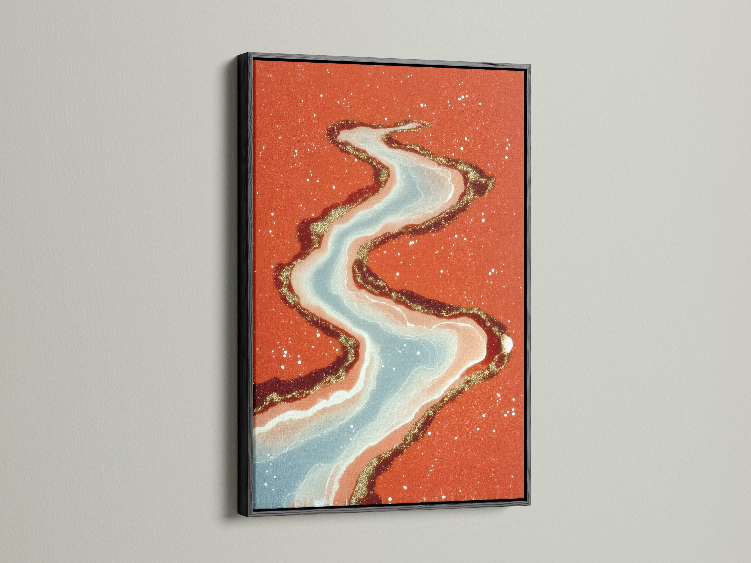 The black frame highlights the abstract river art. This modern canvas art features flowing water in coral and teal. It offers a bold contrast for a contemporary look. This artwork will enhance your living room bedroom or boutique. Discover the beauty of this abstract landscape.