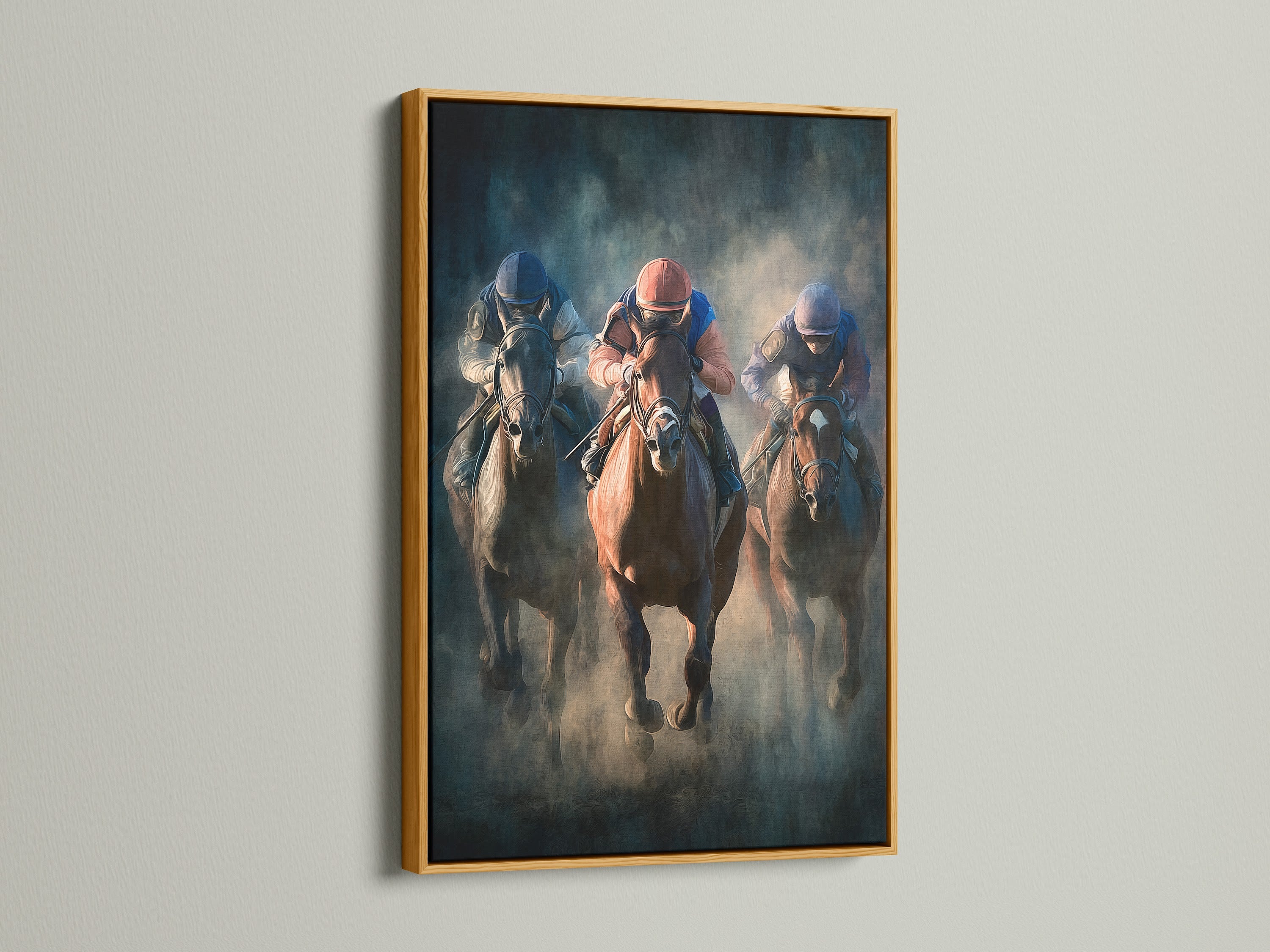 Artwork with a gold frame. The artwork shows a horse race. The gold frame adds a touch of luxury and elegance. It enhances the artwork with its shimmering effect. This frame is perfect for adding glamour. It brings warmth and sophistication to any space.