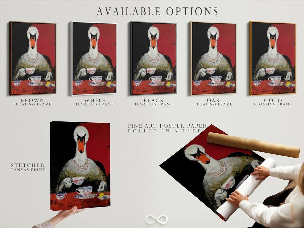 Available options for the Swan Tea Party artwork. Choose from a stretched canvas print fine art poster paper or a floating frame. This whimsical animal art is perfect for any space. Customize your art today. Shop now!