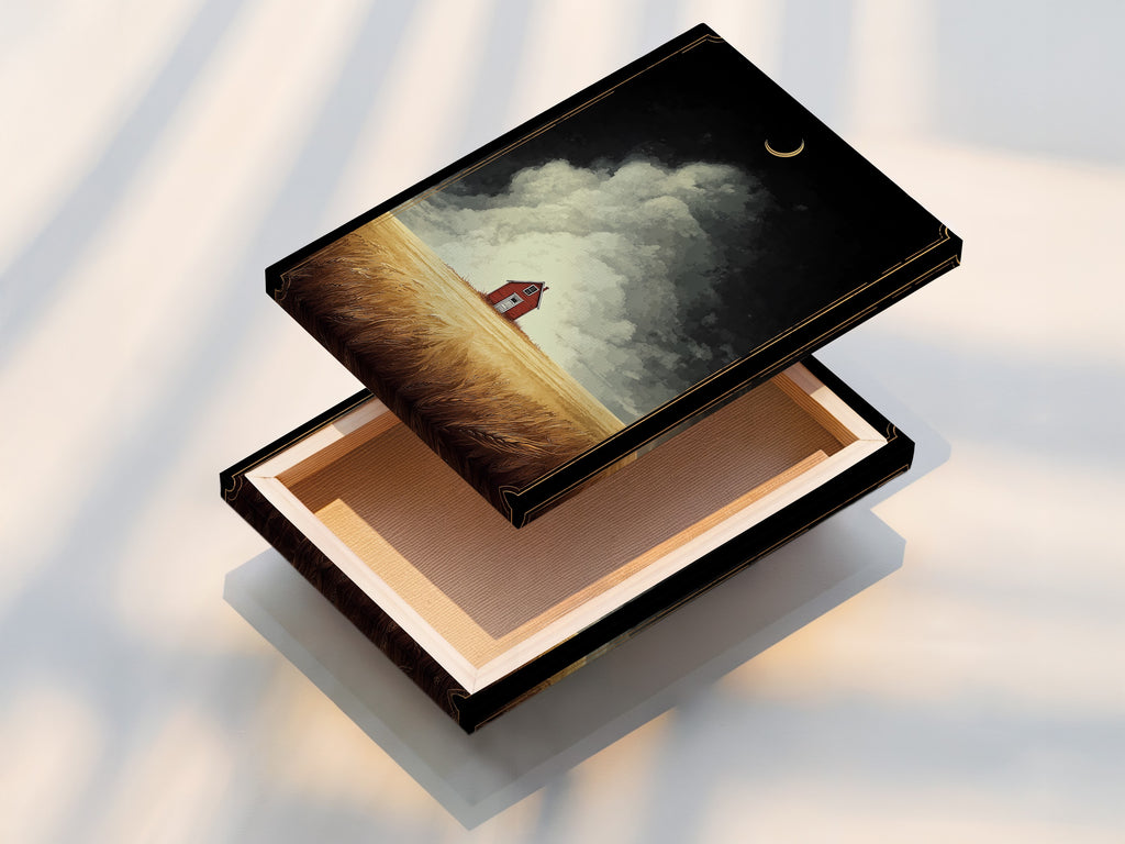 This stretched canvas print showcases farmhouse art. The art has a red barn in a golden field landscape. The canvas print is ready to hang and enjoy. Add a touch of rustic charm to your living room or bedroom. Elevate your home decor with this beautiful landscape artwork.