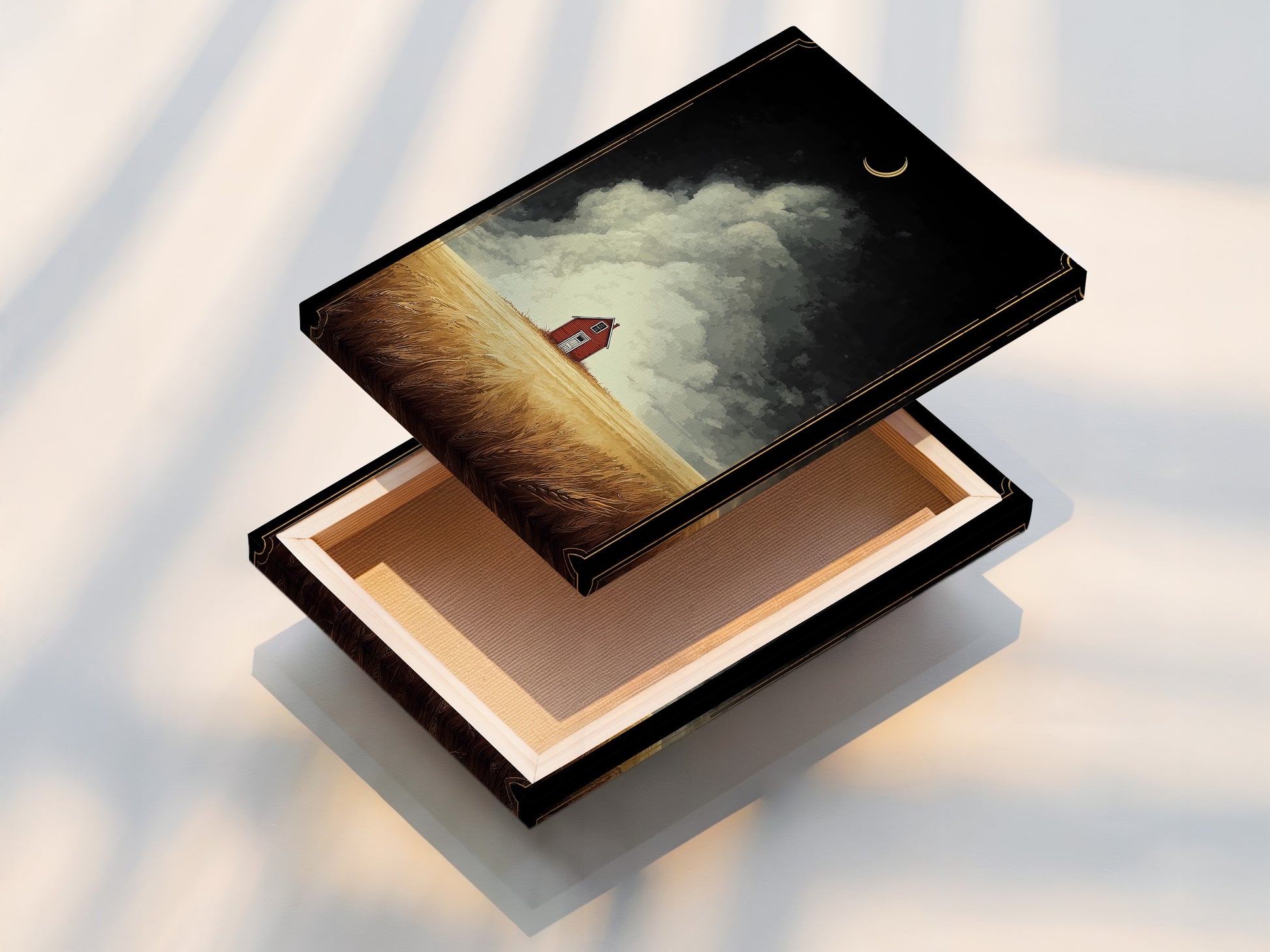 This stretched canvas print showcases farmhouse art. The art has a red barn in a golden field landscape. The canvas print is ready to hang and enjoy. Add a touch of rustic charm to your living room or bedroom. Elevate your home decor with this beautiful landscape artwork.