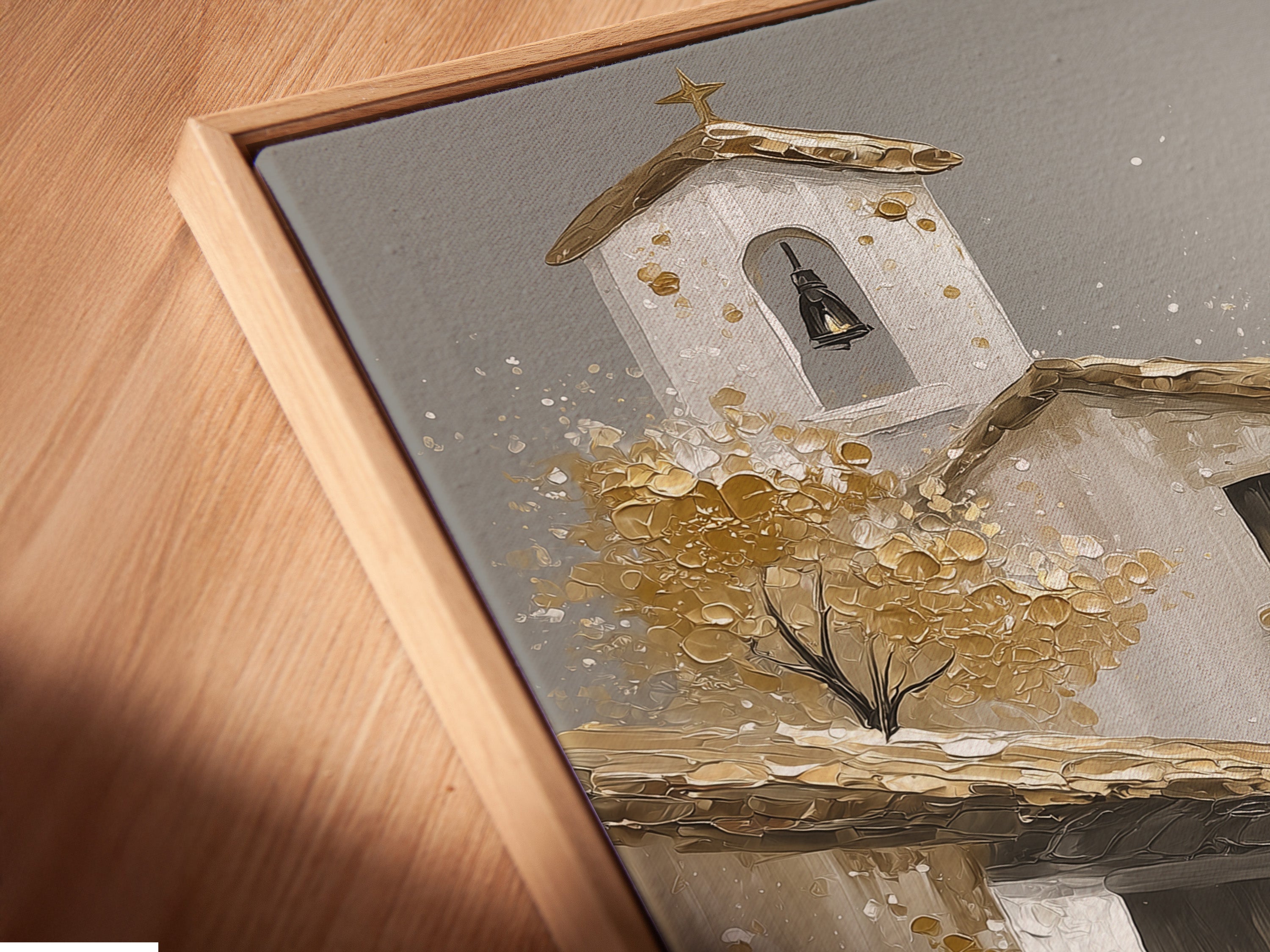 An angled close-up of a canvas print in a floating frame. The artwork is vibrant and detailed. The floating frame gives it a modern look. This canvas print is ready to hang and enjoy. Add a touch of sophistication to your walls.