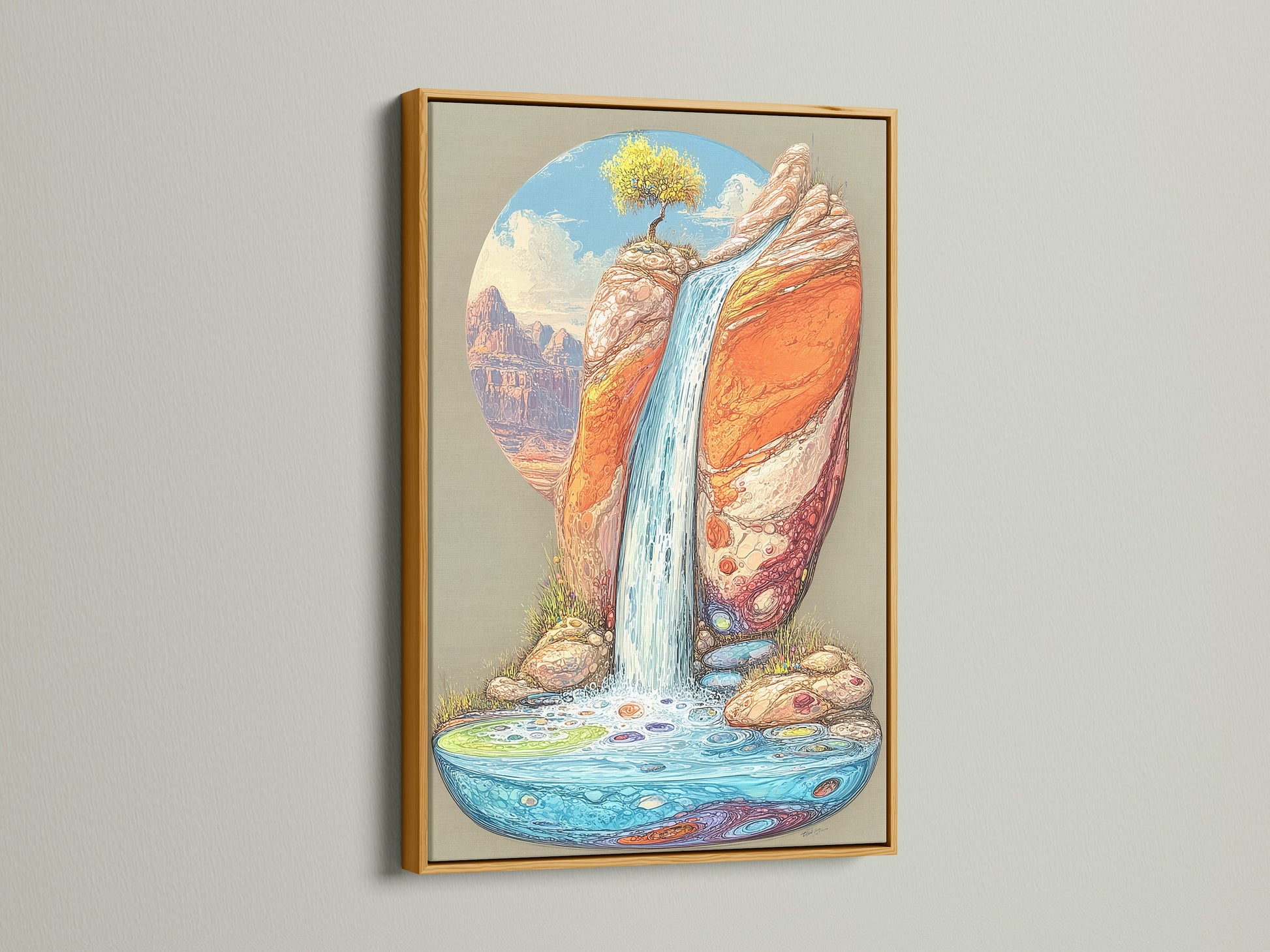 The desert waterfall artwork shines in a gold frame. The canyon landscape print offers a luxurious touch of southwestern art. Bring boho wall decor into your bedroom or office with this nature canvas print. The artwork features a unique blend of colors.