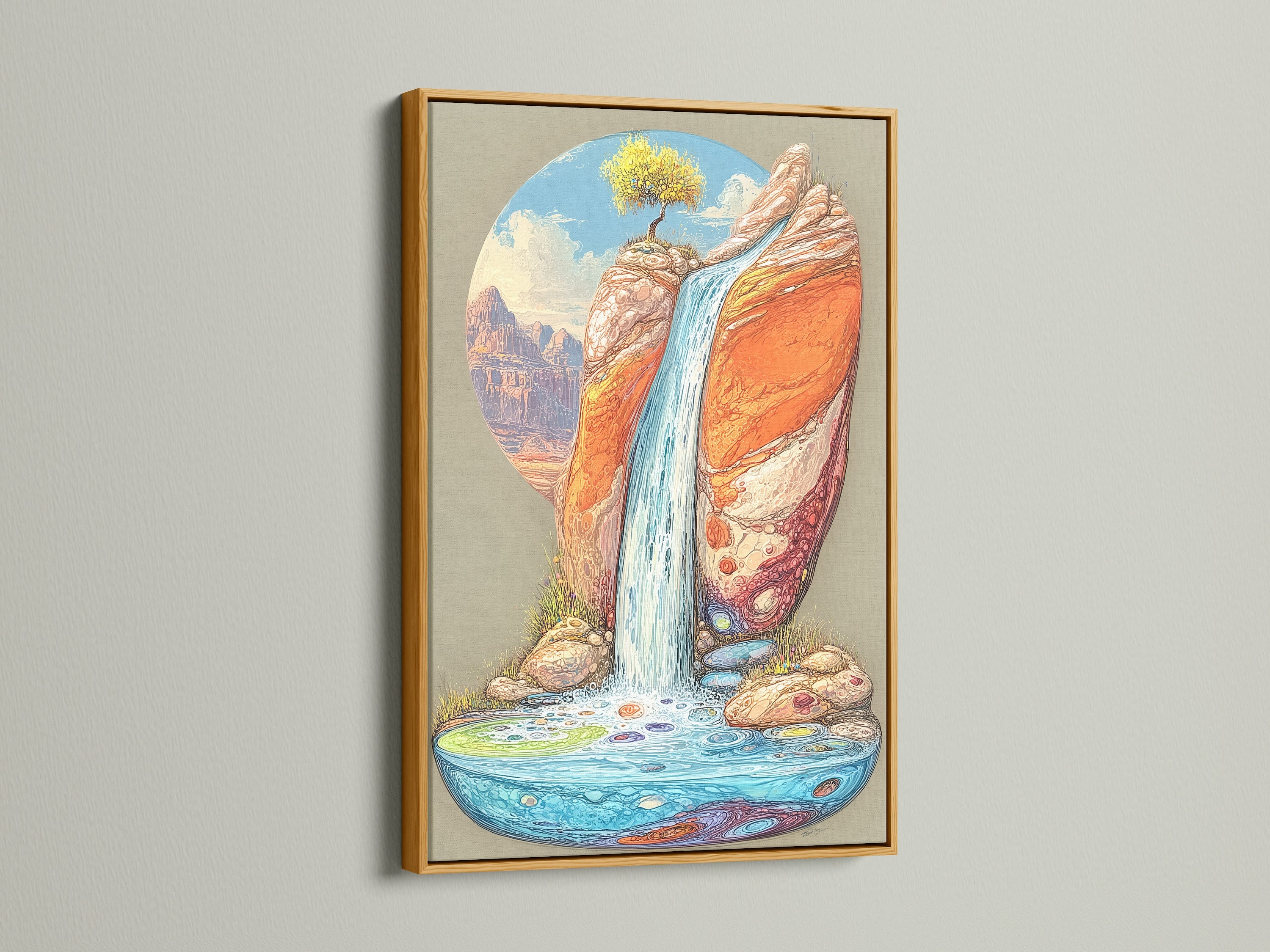 The desert waterfall artwork shines in a gold frame. The canyon landscape print offers a luxurious touch of southwestern art. Bring boho wall decor into your bedroom or office with this nature canvas print. The artwork features a unique blend of colors.