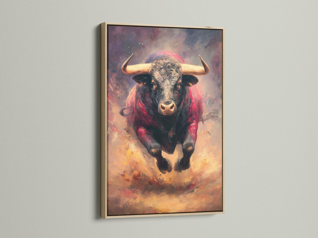 The oak frame surrounds a striking bull artwork. The artwork is a beautiful addition to any home. The oak frame adds warmth and complements the artwork. View this framed artwork now to elevate your space.