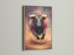 The oak frame surrounds a striking bull artwork. The artwork is a beautiful addition to any home. The oak frame adds warmth and complements the artwork. View this framed artwork now to elevate your space.