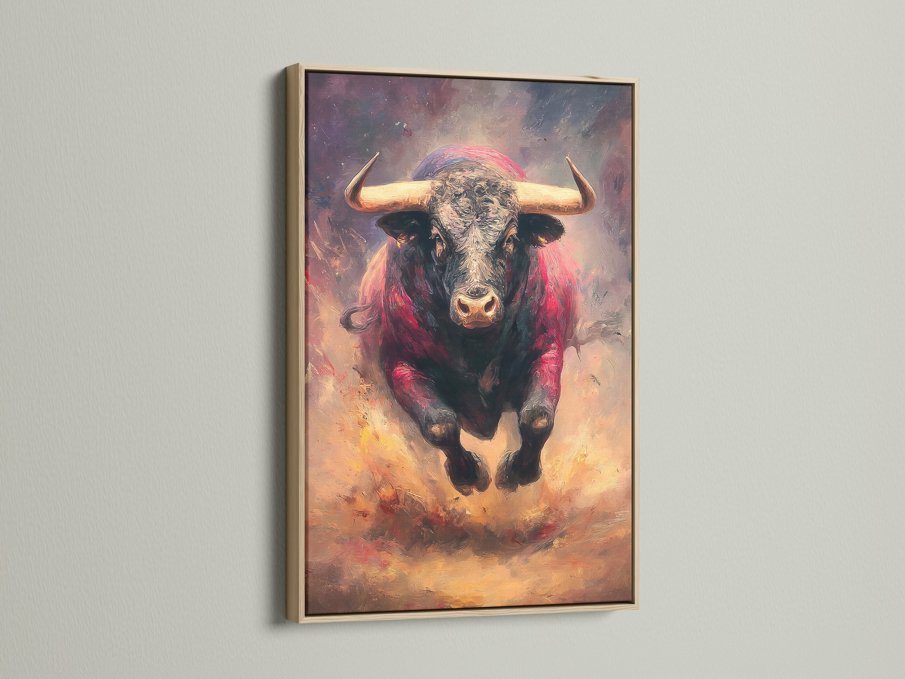 The oak frame surrounds a striking bull artwork. The artwork is a beautiful addition to any home. The oak frame adds warmth and complements the artwork. View this framed artwork now to elevate your space.
