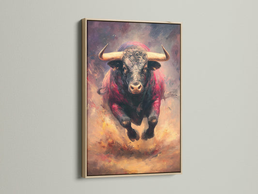 The oak frame surrounds a striking bull artwork. The artwork is a beautiful addition to any home. The oak frame adds warmth and complements the artwork. View this framed artwork now to elevate your space.
