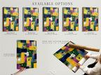 Available options for abstract colorful artwork are displayed. Choose from a stretched canvas print fine art poster paper or a floating frame. The artwork features a modern geometric pattern with brushstrokes in yellow blue and purple hues.