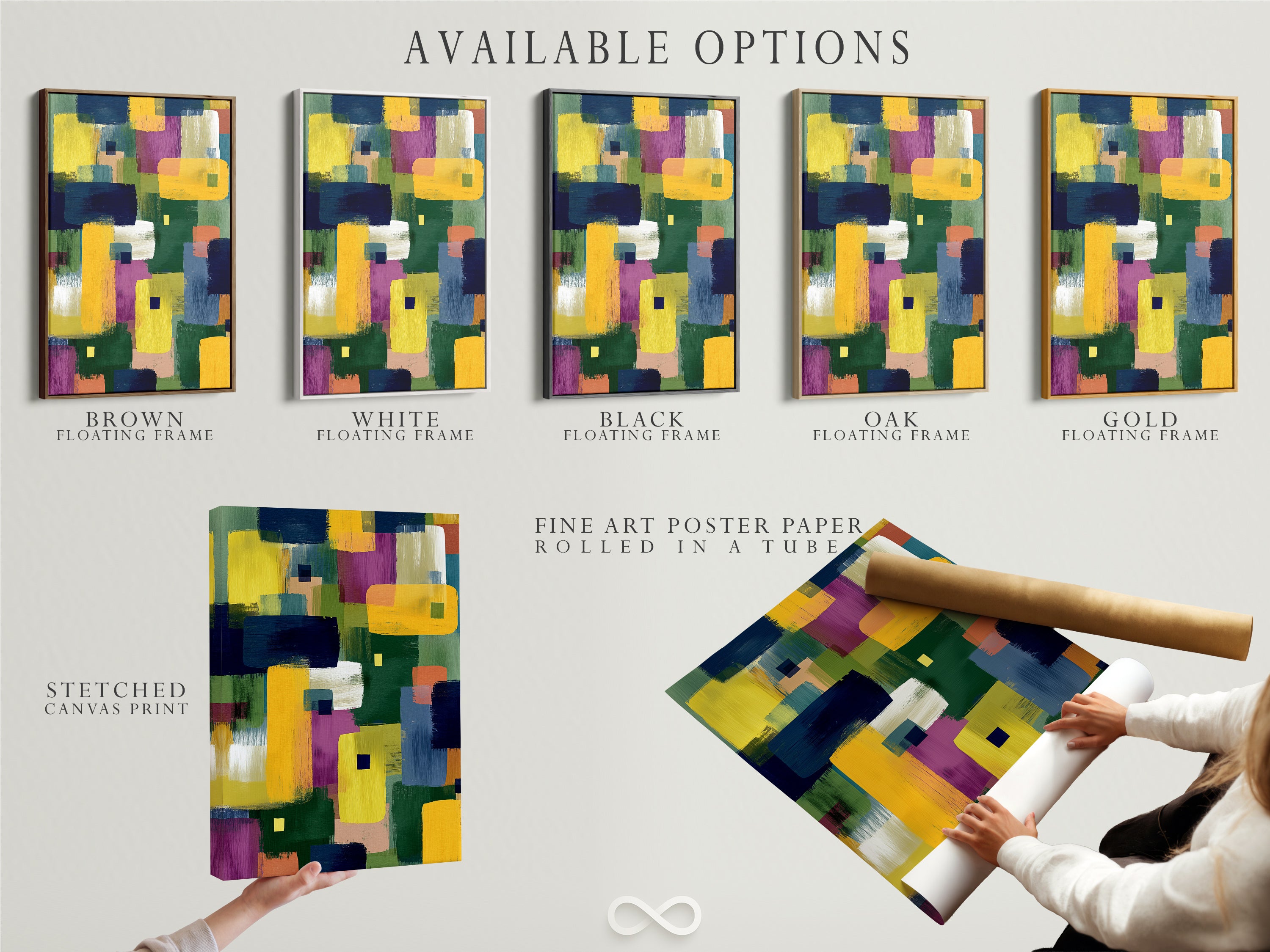 Available options for abstract colorful artwork are displayed. Choose from a stretched canvas print fine art poster paper or a floating frame. The artwork features a modern geometric pattern with brushstrokes in yellow blue and purple hues.