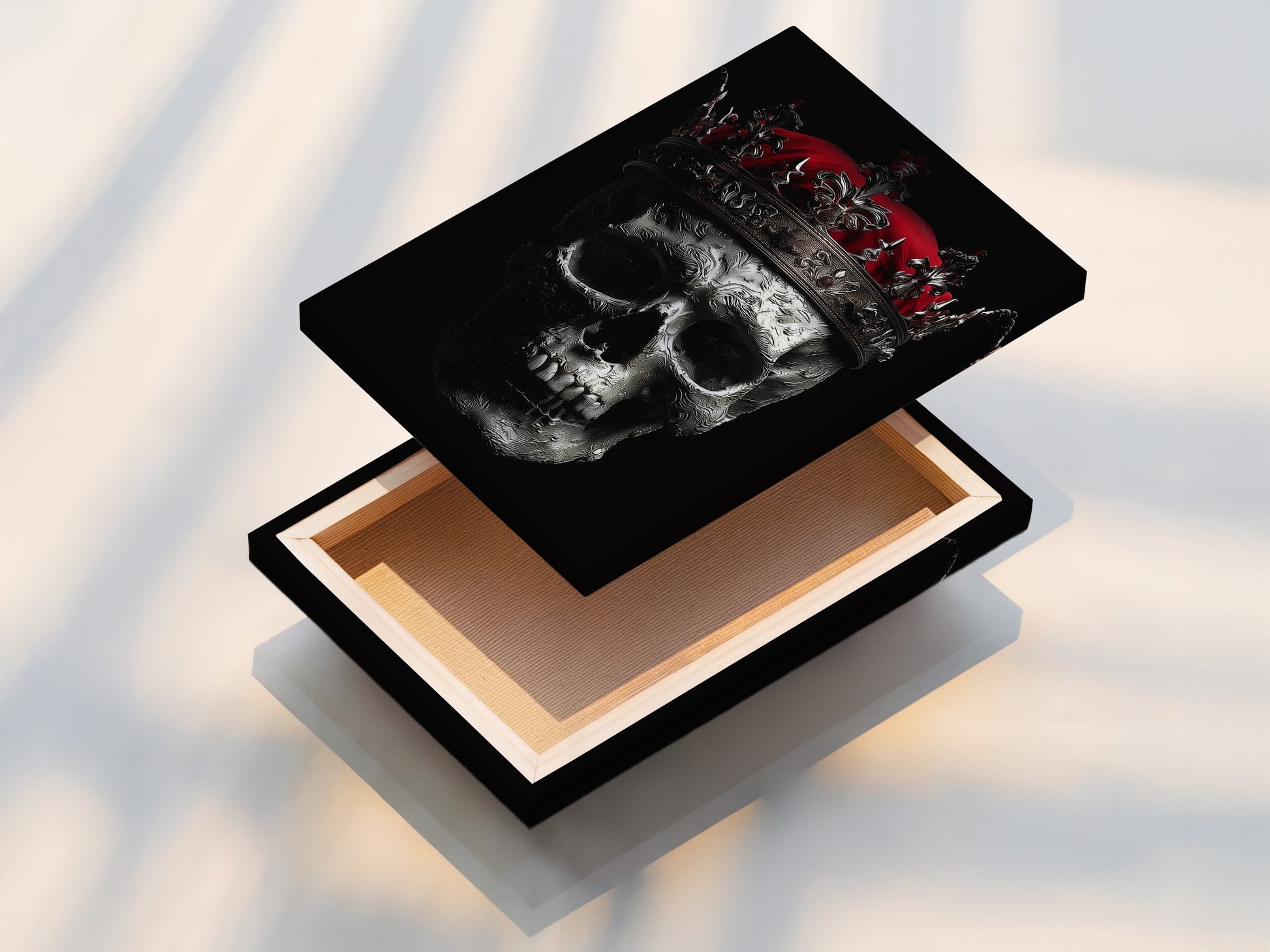 A stretched canvas print of the skull king artwork is displayed. The gothic crown and dark macabre style make it a unique piece. This wall art is perfect for living rooms bedrooms offices studios tattoo shops and boardrooms. Add a touch of gothic flair.