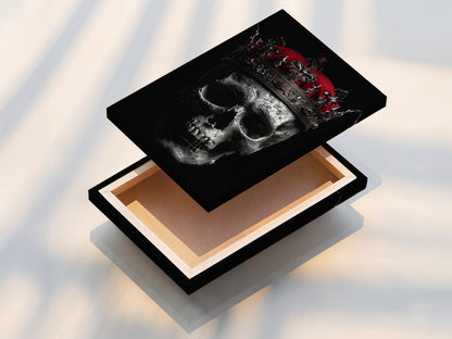 A stretched canvas print of the skull king artwork is displayed. The gothic crown and dark macabre style make it a unique piece. This wall art is perfect for living rooms bedrooms offices studios tattoo shops and boardrooms. Add a touch of gothic flair.
