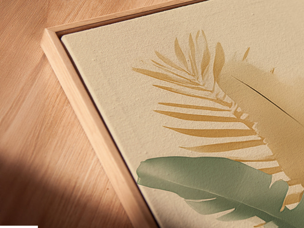 Close-up of a canvas print in a floating frame. The floating frame gives the art a modern look. See the detail of a botanical canvas print. Floating frames create depth and dimension. Explore canvas prints in floating frames.