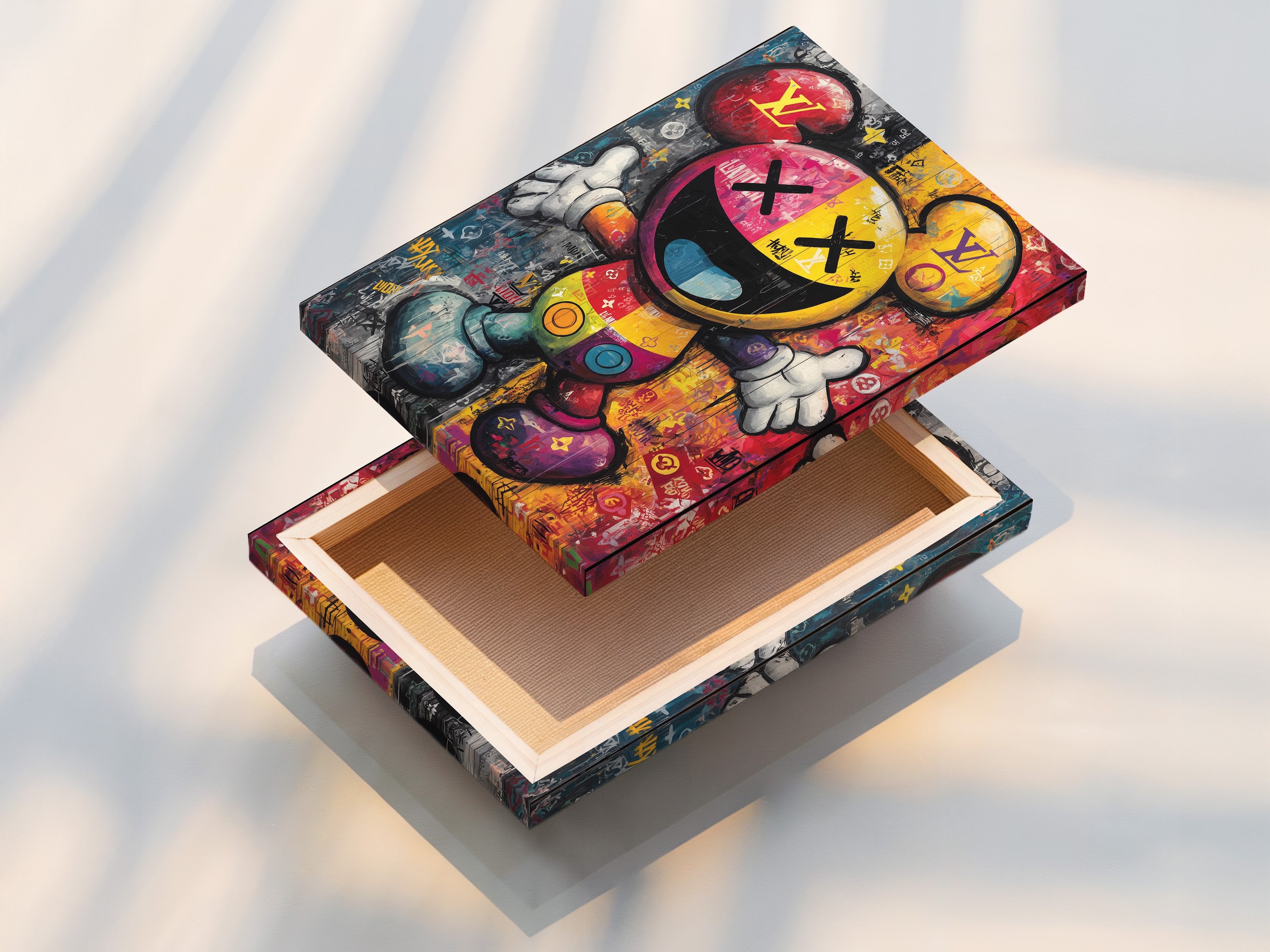 This is a stretched canvas print of a pop art Mickey artwork. The canvas is stretched perfectly for a gallery-ready display. The vibrant colors and detailed graffiti style make this piece stand out. It is perfect for adding a modern touch to any room.