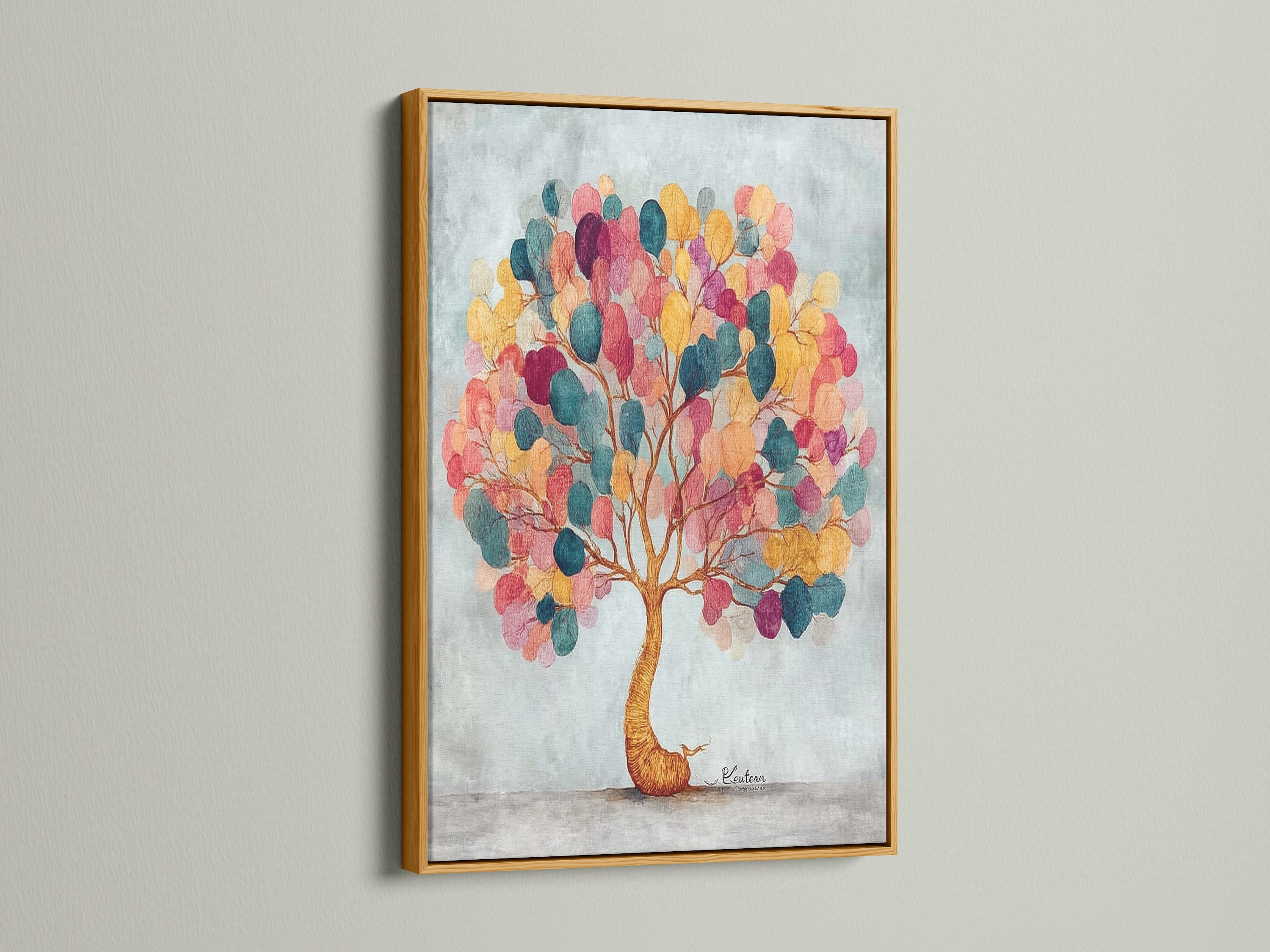 The colorful tree artwork is displayed in a gold frame. The gold frame gives a touch of elegance. Teal gold and pink artwork shimmers within. This is unique wall art. It will add sophistication to bedroom wall decor.