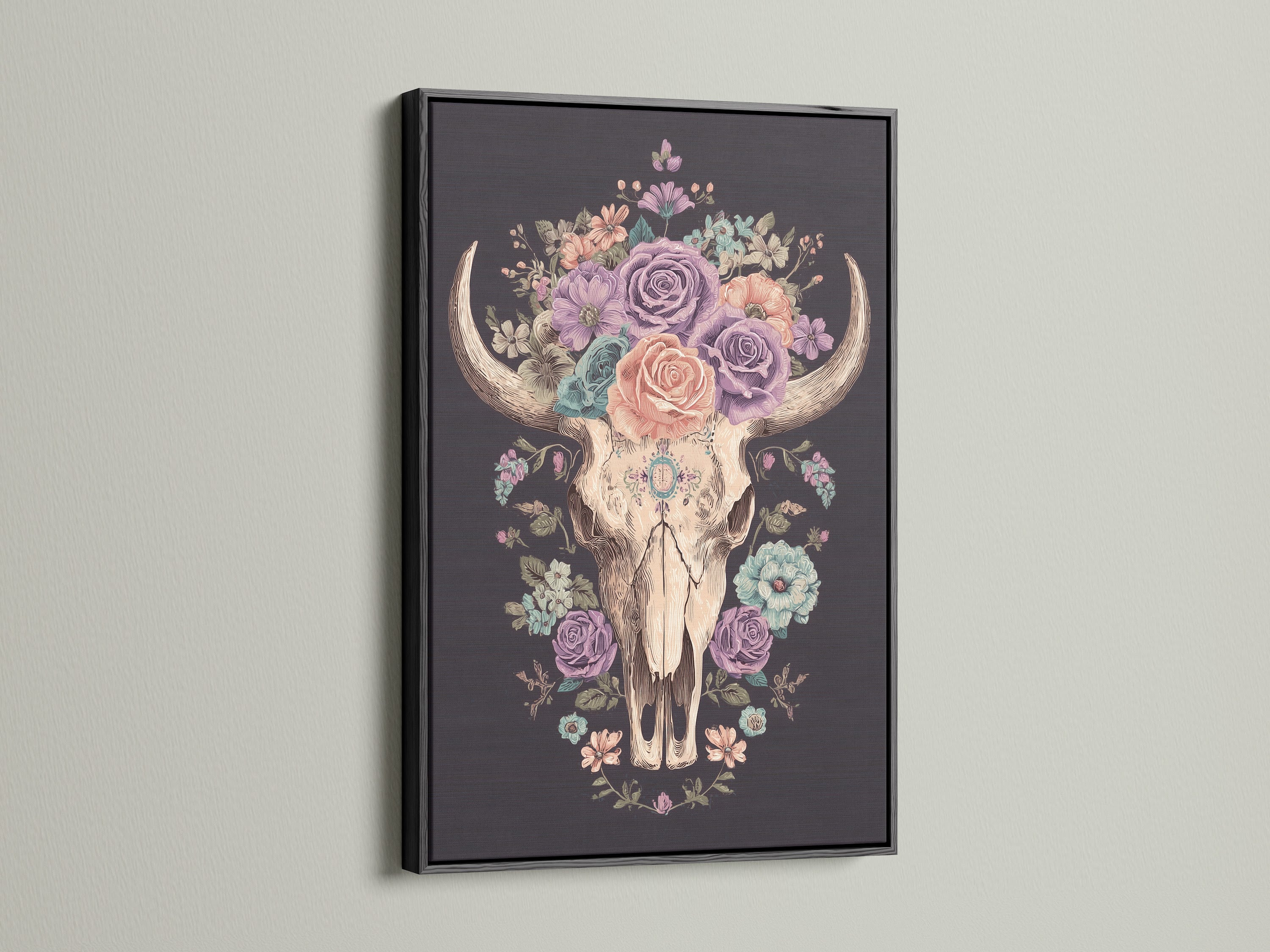 Artwork of a floral bull skull in a black frame. The art print features a skull adorned with colorful roses. This artwork is framed in a modern black frame. The black frame makes the artwork pop. Perfect wall art for any space.