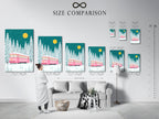 Size comparison chart displayed in an interior setting. See how the winter tram artwork fits in various spaces. The pink train and snowy forest can transform any room. Choose the perfect size for your canvas print or poster paper.