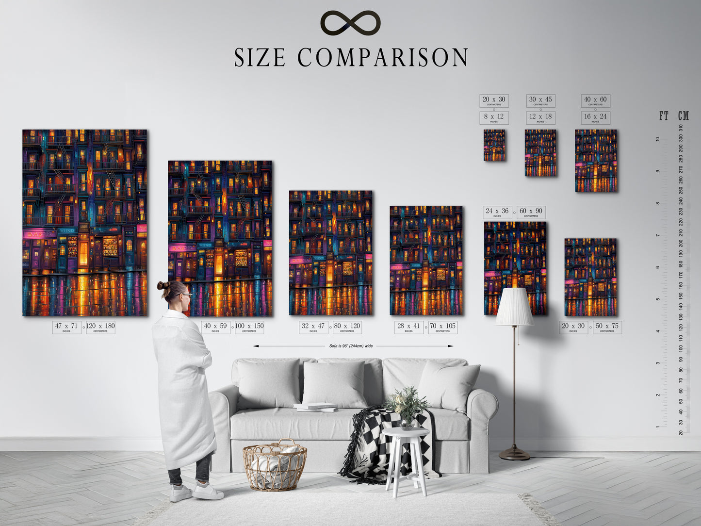 A size comparison chart featuring the Cityscape at Night artwork is displayed in an interior setting. See how this urban canvas fits your living room. Visualize the impact of this modern artwork.