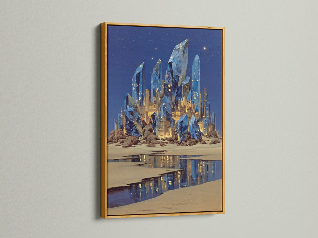 Check out the fantasy crystal castle art in a gold frame. This surreal wall art radiates luxury. The gold frame complements the blue crystal art beautifully. Perfect magical landscape canvas print for sophisticated spaces. Add a touch of fantasy today